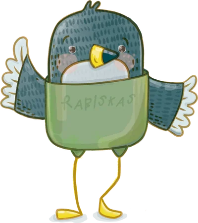 O Rabiskas, a andorinha exploradora mascote da Rabiskas, de asas abertas