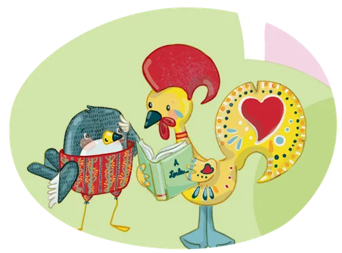 Ilustração da andorinha Rabiskas a ler um livro com o Galo de Barcelos