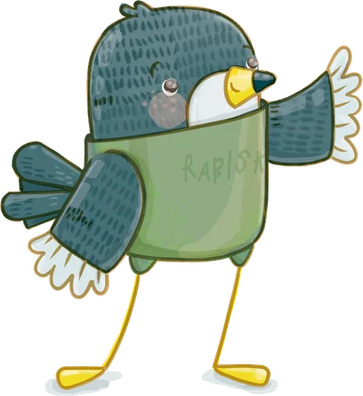 O Rabiskas, a andorinha exploradora mascote da Rabiskas, a acenar
